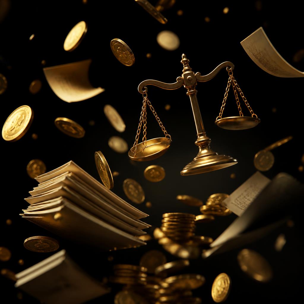 Coins, legal documents and a brass justice scale representing asset recovery payouts